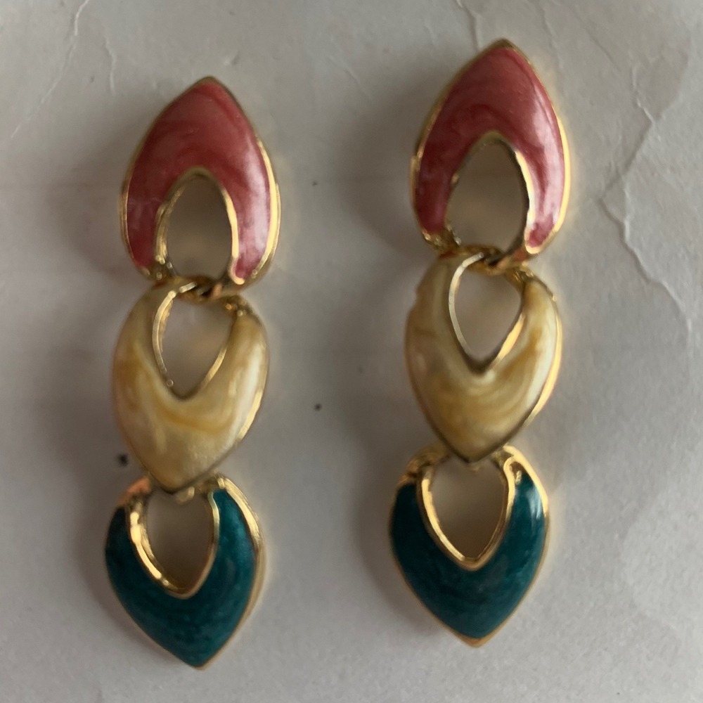 Vintage Gold Tone Enamel Triple Link Drop Earrings Pink‎ Cream Teal Post Back